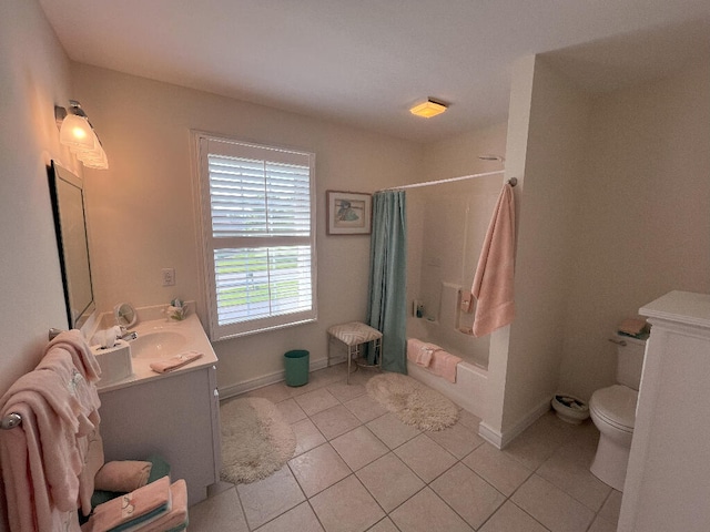 full bathroom with shower / bathtub combination with curtain, tile flooring, vanity, and toilet