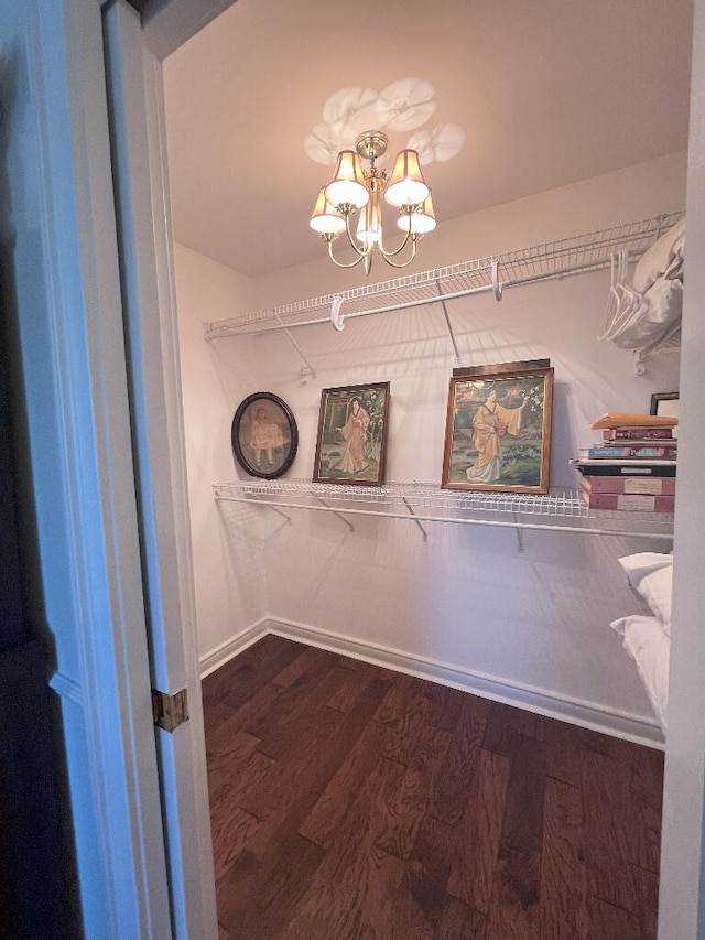 spacious closet featuring an inviting chandelier and hardwood / wood-style floors