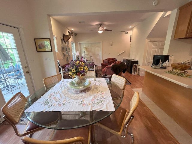 dining room with ceiling fan and light wood-type flooring