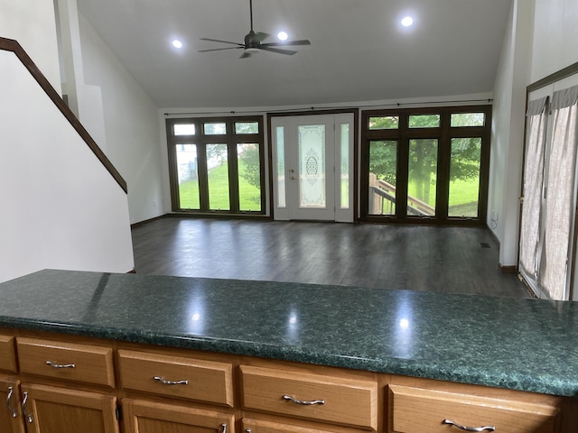 kitchen with ceiling fan, dark hardwood / wood-style flooring, and vaulted ceiling