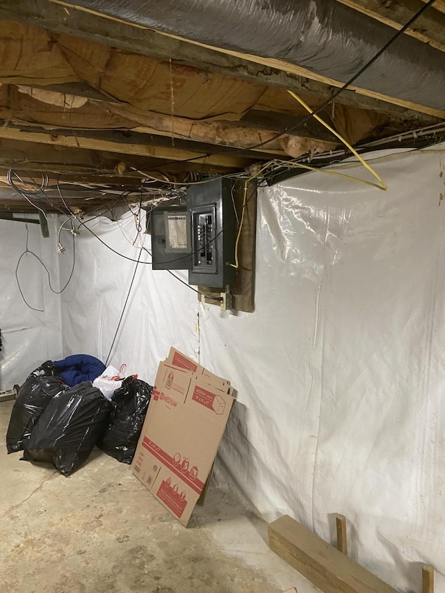 unfinished below grade area featuring electric panel