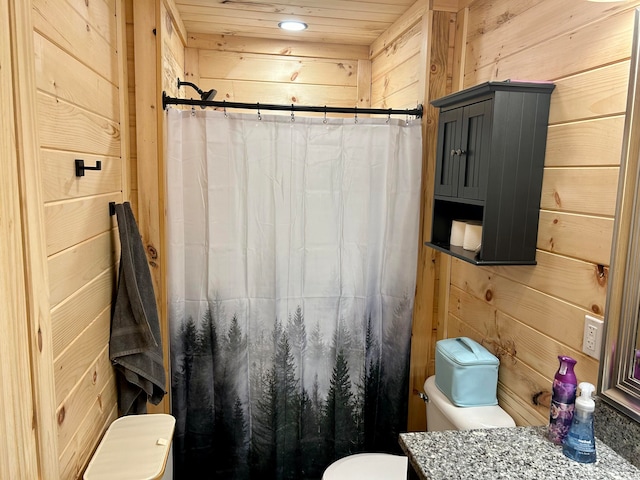 bathroom with vanity, toilet, walk in shower, and wooden walls