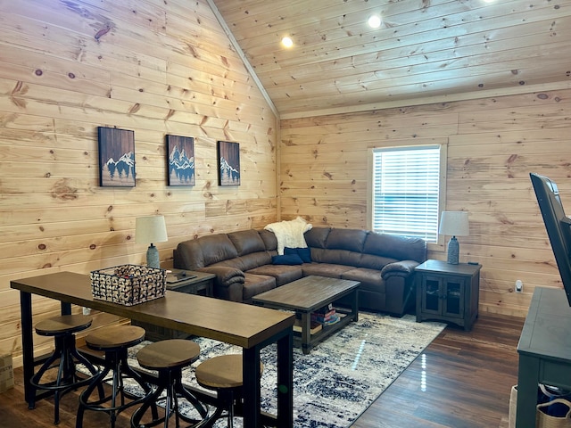 living room with wood ceiling, wood walls, high vaulted ceiling, and dark wood-type flooring