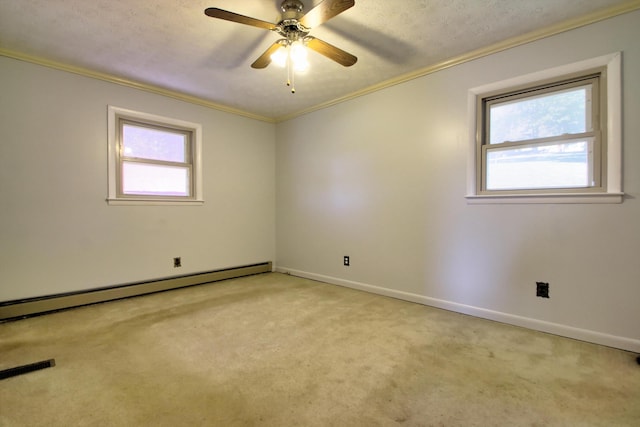 unfurnished room featuring a baseboard radiator, a textured ceiling, ornamental molding, and light carpet