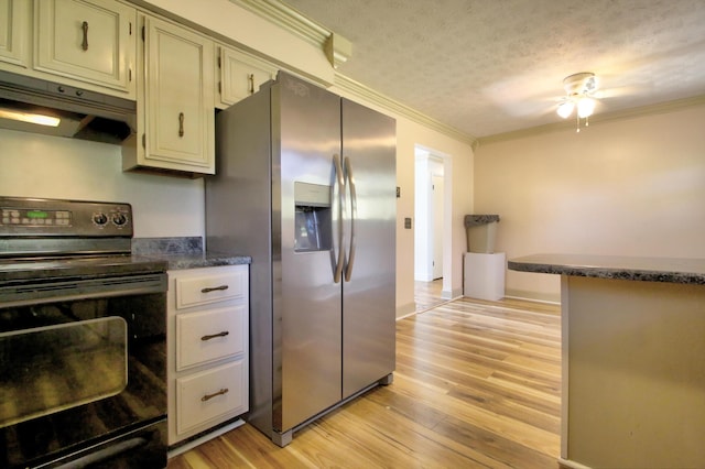 kitchen featuring stainless steel refrigerator with ice dispenser, black electric range, a textured ceiling, ornamental molding, and light hardwood / wood-style flooring