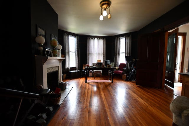 living room featuring a healthy amount of sunlight and dark hardwood / wood-style floors