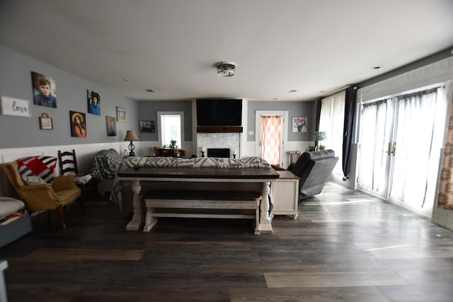 living room with a healthy amount of sunlight, dark wood-type flooring, and radiator