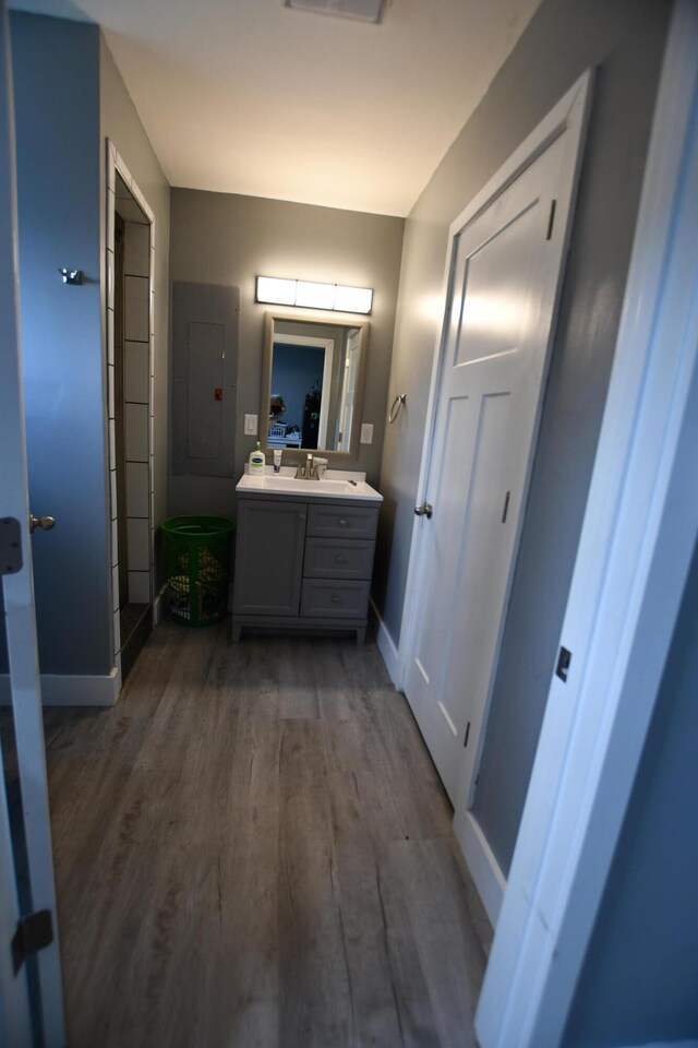 bathroom featuring hardwood / wood-style floors and vanity