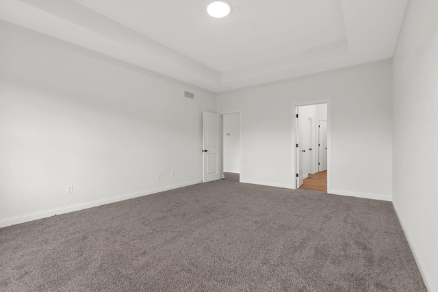 empty room featuring a raised ceiling and carpet flooring