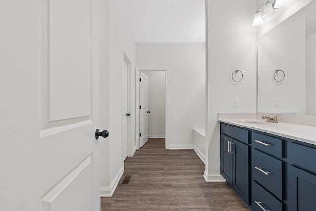 bathroom featuring hardwood / wood-style floors and vanity