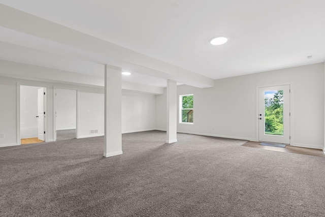 basement featuring carpet flooring and a healthy amount of sunlight