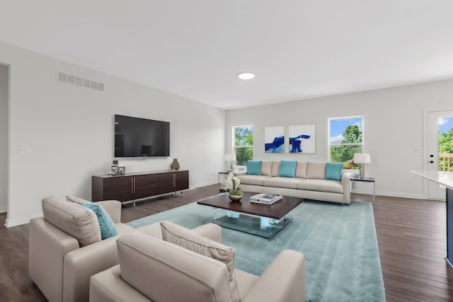 living room with plenty of natural light and dark hardwood / wood-style floors