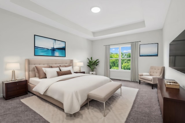 bedroom with a raised ceiling and light colored carpet