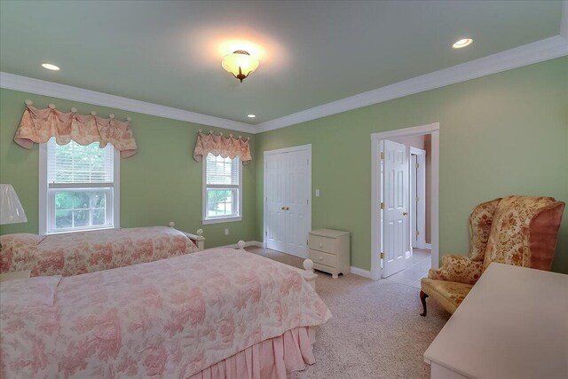 bedroom with ornamental molding, carpet floors, and a closet