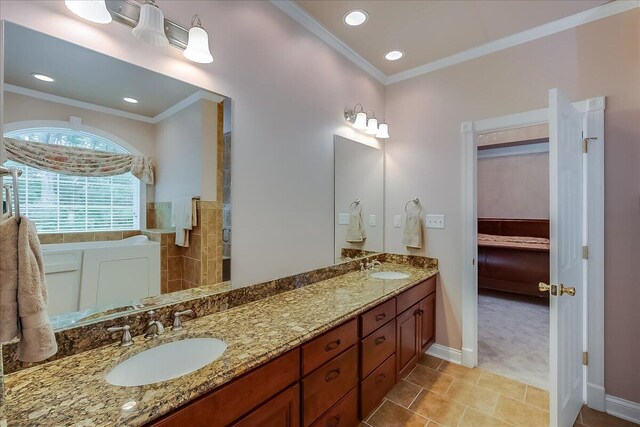 bathroom with ornamental molding, tile flooring, dual sinks, and large vanity