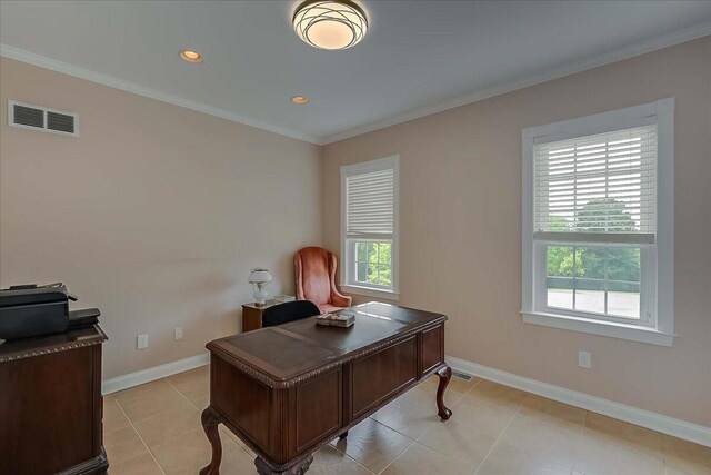 tiled home office featuring ornamental molding