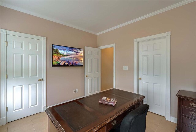 tiled home office with crown molding