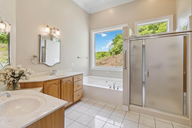 bathroom featuring a towering ceiling, vanity, toilet, and tile floors