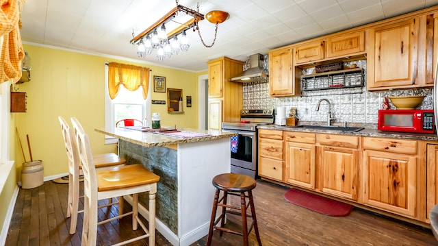 kitchen with sink, dark wood-type flooring, stainless steel electric range, and wall chimney range hood