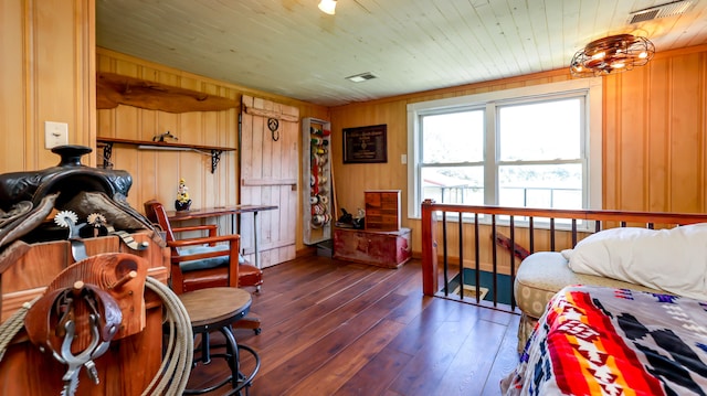 interior space with wood walls, dark wood-type flooring, and wood ceiling