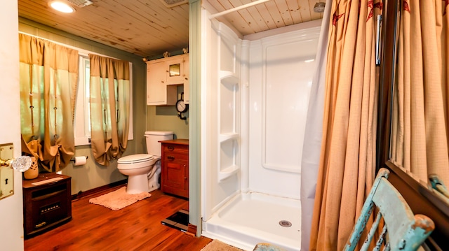 bathroom with vanity, toilet, wooden ceiling, hardwood / wood-style flooring, and walk in shower