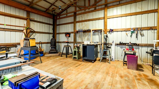 garage with wood walls