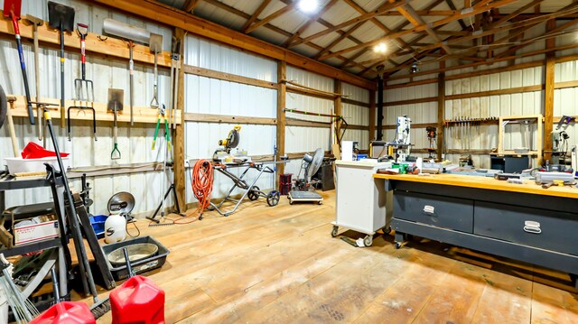 garage with a workshop area