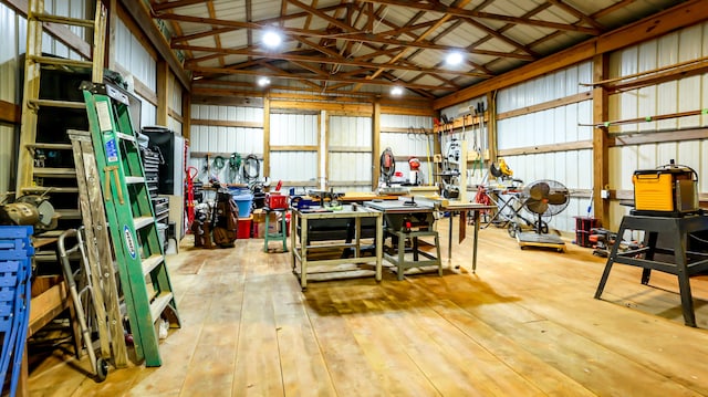 garage with a workshop area