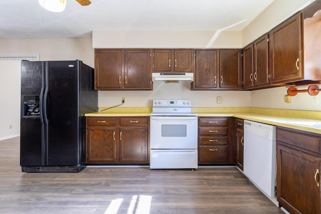 kitchen with white appliances and dark wood-type flooring