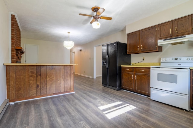 kitchen featuring hanging light fixtures, white electric stove, black refrigerator with ice dispenser, and dark wood-type flooring