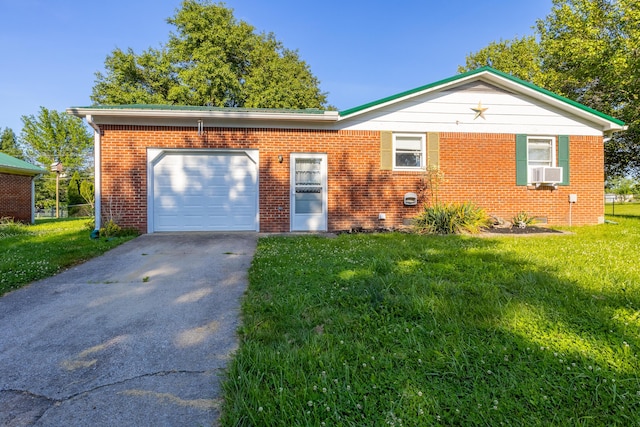 single story home with cooling unit, a front lawn, and a garage