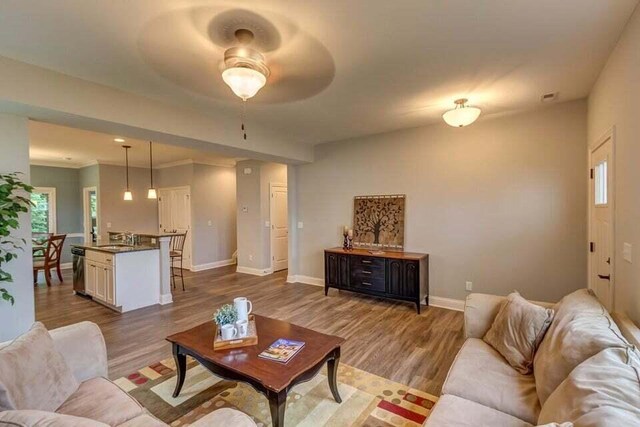 living room with a healthy amount of sunlight, hardwood / wood-style floors, and ceiling fan