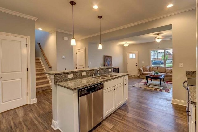 kitchen with dishwasher, stone countertops, hanging light fixtures, dark wood-type flooring, and white cabinets