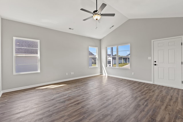 empty room featuring ceiling fan, high vaulted ceiling, and dark hardwood / wood-style floors