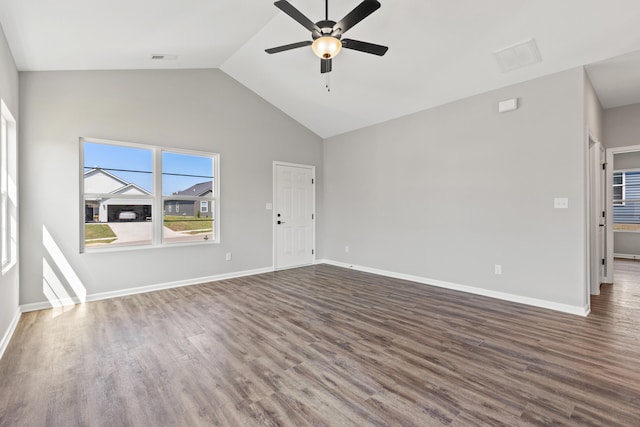 unfurnished living room featuring ceiling fan, high vaulted ceiling, and dark hardwood / wood-style flooring