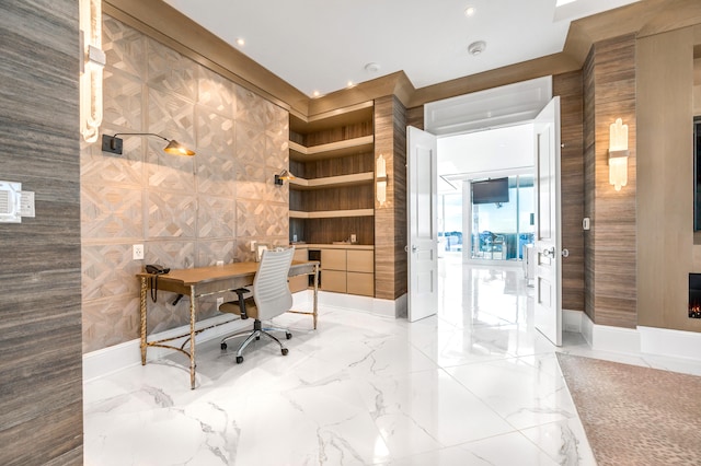 tiled home office with built in desk and tile walls