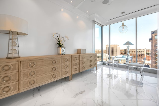 tiled bedroom with a wall of windows