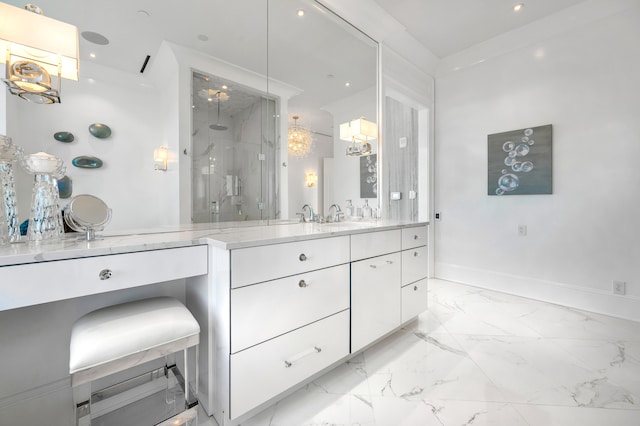 bathroom featuring tile flooring, walk in shower, and vanity