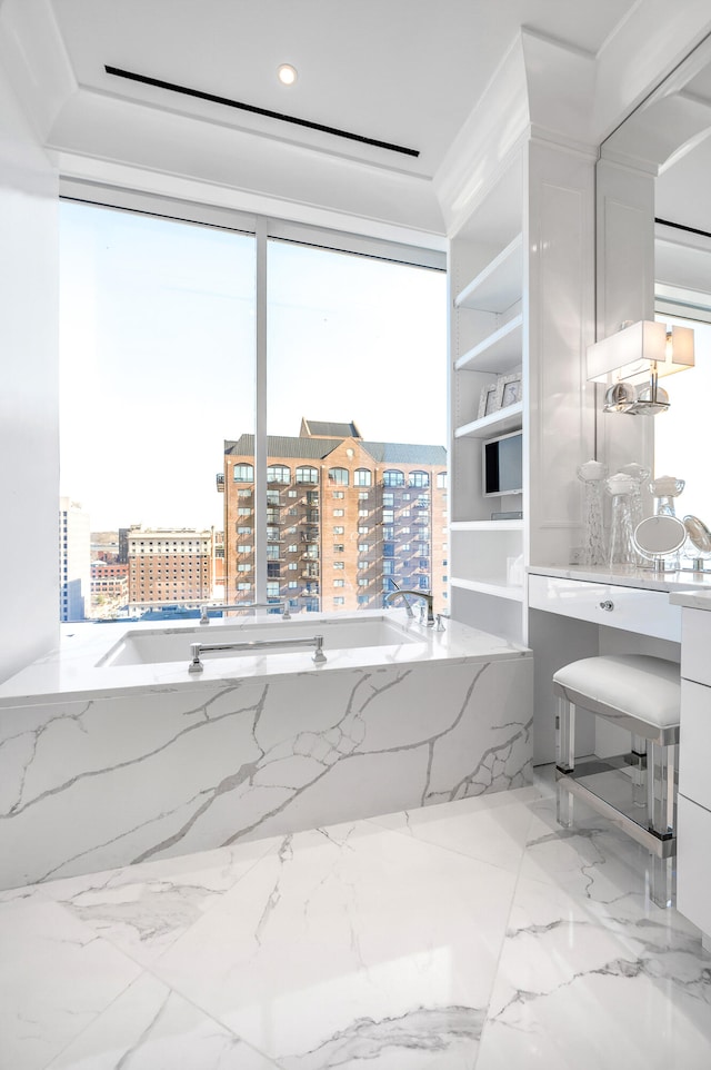 interior space featuring tile floors, built in features, and a bathing tub