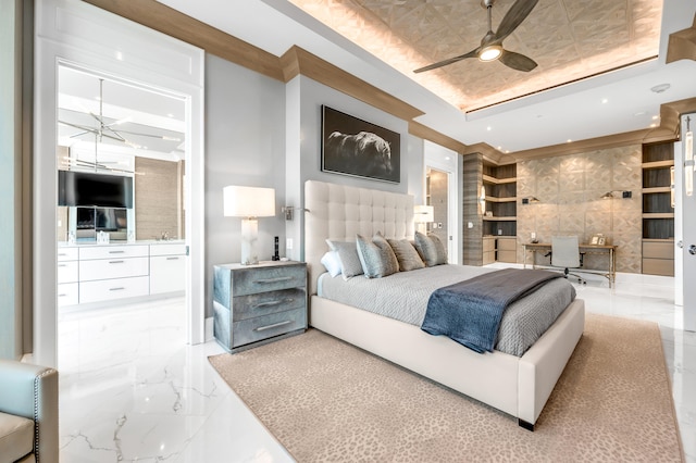 tiled bedroom featuring tile walls and ceiling fan