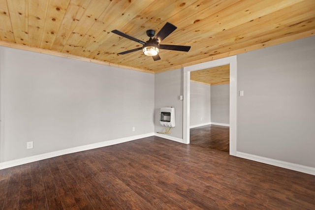 unfurnished room with wooden ceiling, ceiling fan, and hardwood / wood-style floors