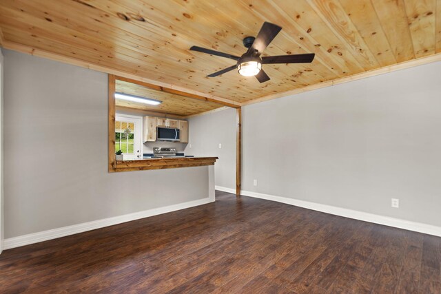 unfurnished living room with wood-type flooring, wood ceiling, and ceiling fan