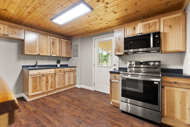 kitchen featuring appliances with stainless steel finishes, light brown cabinets, dark hardwood / wood-style floors, and wood ceiling