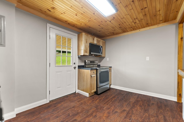 kitchen featuring wood-type flooring, light brown cabinets, appliances with stainless steel finishes, and wooden ceiling