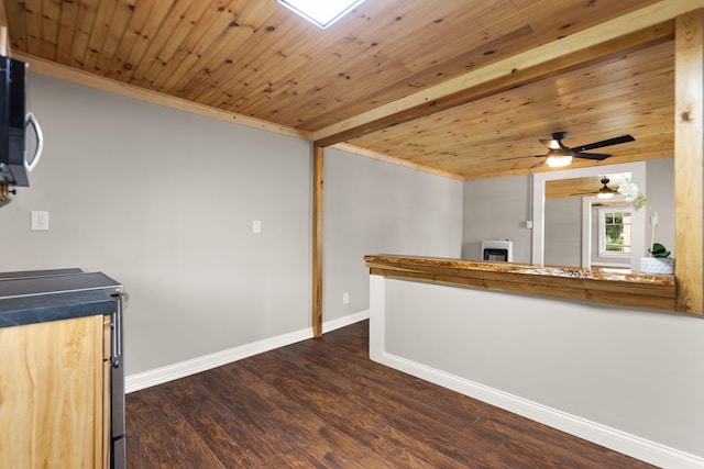 kitchen with wooden ceiling, hardwood / wood-style floors, and ceiling fan