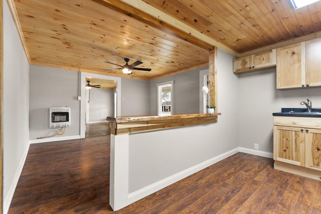 kitchen featuring ceiling fan, dark hardwood / wood-style flooring, light brown cabinets, kitchen peninsula, and wood ceiling