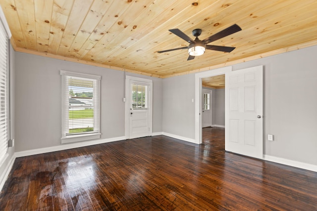 empty room with hardwood / wood-style flooring, wood ceiling, and ceiling fan