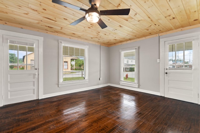 foyer entrance featuring wood ceiling, ceiling fan, and hardwood / wood-style flooring