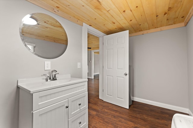 bathroom with vanity, hardwood / wood-style floors, and wood ceiling