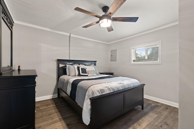 bedroom with dark wood-type flooring, electric panel, crown molding, and ceiling fan